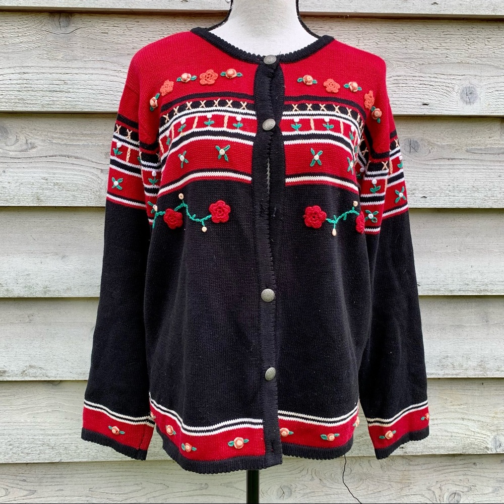 Vintage 90s Red and Black Striped Floral Crochet Crewneck Button Down Sweater